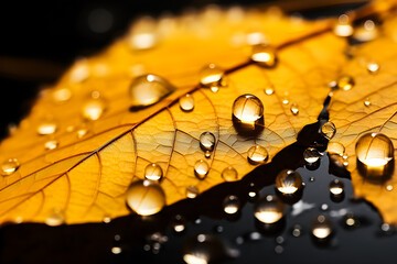 Close-up of raindrops on autumn leaves, generative ai