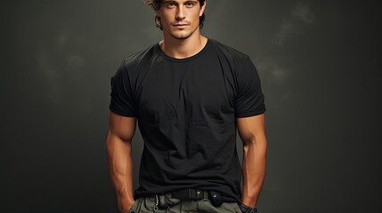 Handsome male clothing model in black t-shirt
