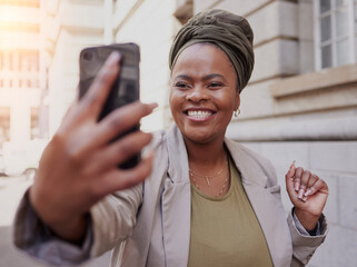 Smile, business selfie and black woman in city taking a photo for profile picture, memory or social...