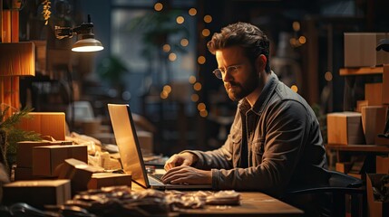 Male IT specialist freelancer working remotely at a laptop, concept of digital professions and success business and career