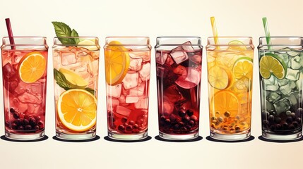 Set of delicious refreshing cold glasses with cocktails and lemonade with ice lemon and lime fresh ripe berries and fruits