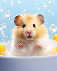 A cute hamster bathe itself in a bowl of food