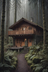 A wooden cottage inside the forest
