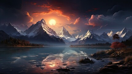 Frozen ice lake and high snow-capped winter mountains at sunset, beautiful mountain natural landscape