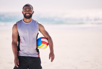 Beach, portrait and happy man with volleyball for training, exercise and cardio in nature. Ocean,...