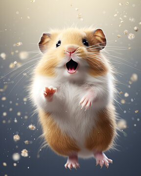 Naklejki A cute hamster jumping in the middle of the air with foods surrounded it