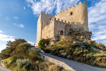 Curiel de Duero, Spain - October 12, 2023: different views of the medieval castle in the town of Curiel de Duero, province of Valladolid, Spain - obrazy, fototapety, plakaty