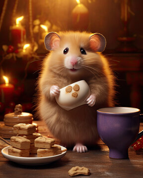Naklejki A cute hamster in a cosy room with food and on a dreamy background