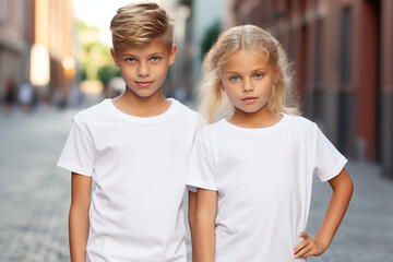 Portrait of two small children in white T-shirts on a city street.