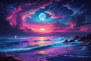 A memorizing masterpiece of neon light on the sea with two moons - obrazy, fototapety, plakaty