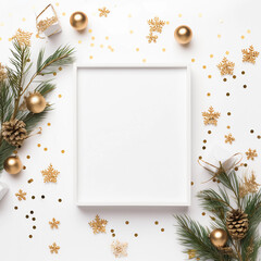 Christmas and New year elements with empty frame, tree branches, gift, confetti for Christmas party backdrop and card background, Generative AI.