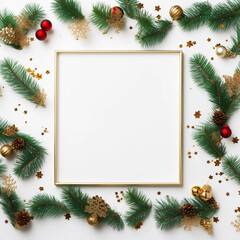 Fototapeta na wymiar Christmas and New year elements with empty frame, tree branches, gift, confetti for Christmas party backdrop and card background, Generative AI.