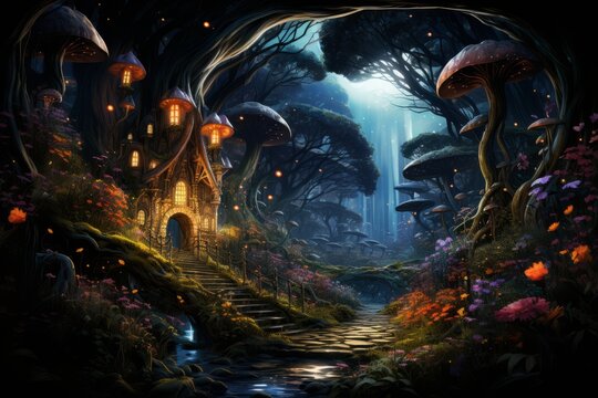 Surreal Mushroom Landscape, Fantasy Wonderland Landscape With Mushrooms Moon.