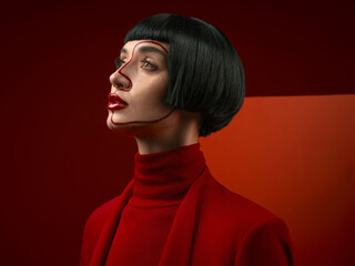 Woman, beauty and face art, red aesthetic and makeup with fashion and shine isolated on studio...