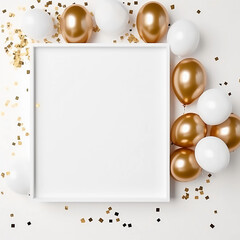 Fototapeta na wymiar White and gold balloons with confetti, gift and frame, New year, Anniversary and Birthday party decoration, Birthday Party card and background. Generative AI
