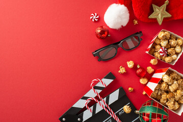 Yuletide Movie Magic: Top-view photo showcasing a movie clapper, 3D glasses, delectable popcorn, Santa's hat, baubles, star decor, candy canes on a red background with text or ad space