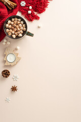 Revel in wintertime allure through top-view vertical shot. Luscious hot chocolate cup, embellished...