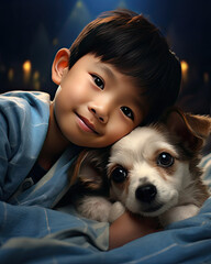 A sweet little boy hugging his pet on a cosy bed