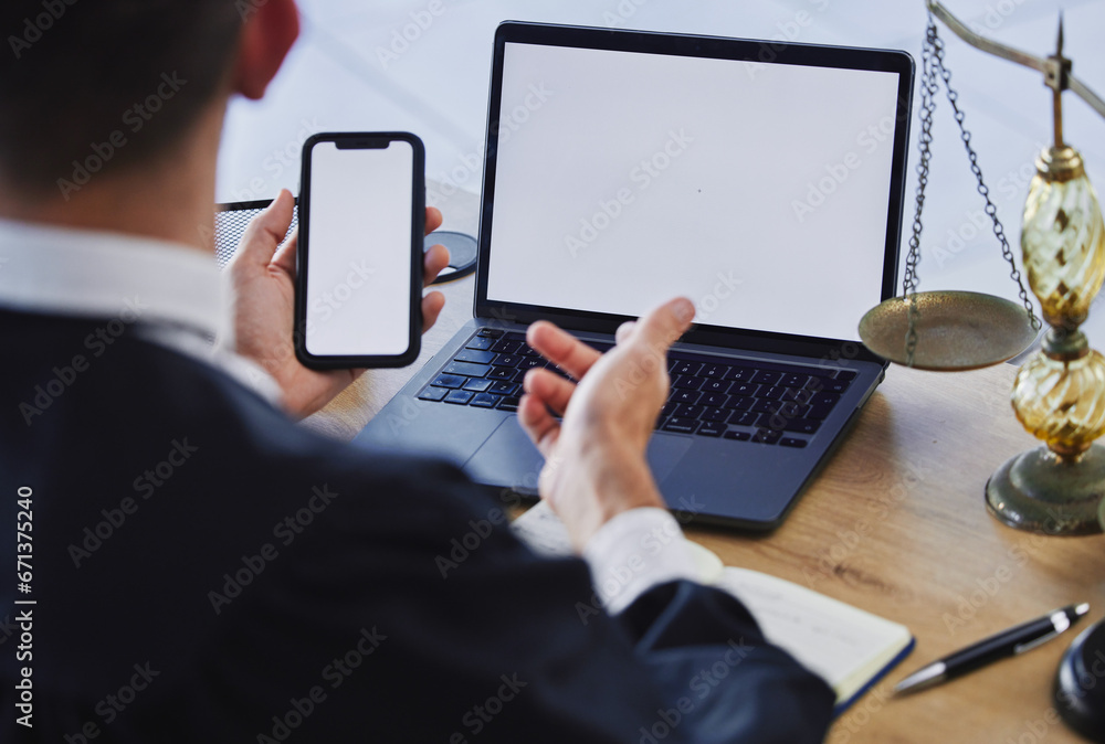 Aufkleber Phone screen, laptop and working at desk, office or lawyer reading communication, contract or information technology mockup. Mobile app, software on computer and cellphone for internet or web search