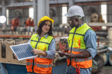 Factory metal workers install solar panels, cut costs, earn carbon credits, combat climate change.