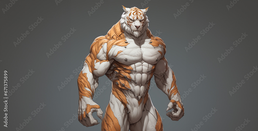 Wall mural full body humanoid orange and white tiger muscles