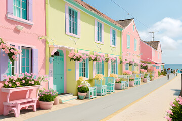 A picturesque pastel-colored village by the coast