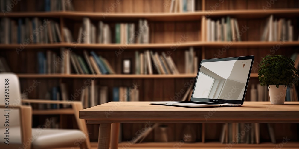 Poster modern workspace. empty desk with laptop technology in business. digital office setup. blank screen 