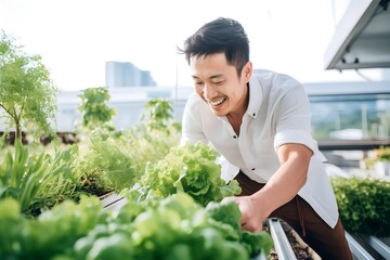 Asian man harvesting fresh vegetables from rooftop greenhouse garden