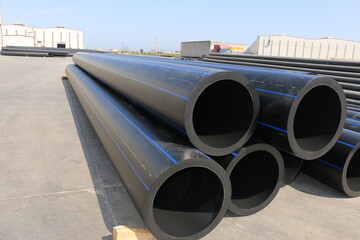 PE pipe plant, Industrial PE pipeline for gas and water. HDPE pipe, Polyethylene PE100 pipe. Polyethylene pipe plant