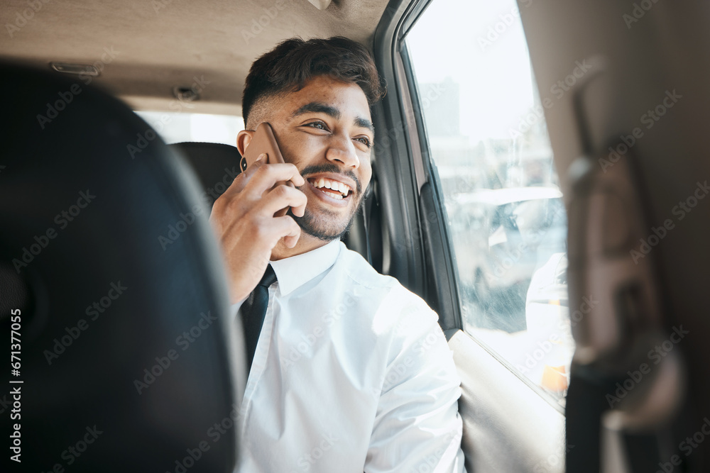 Poster happy business man, phone call and driving in car for communication, mobile networking and chat. ind