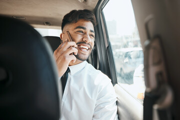 Happy business man, phone call and driving in car for communication, mobile networking and chat. Indian male worker, thinking and talking to smartphone contact while traveling in taxi transportation