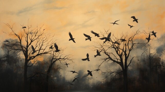 A panoramic shot of a flock of crown birds taking flight from a treetop, painting the sky with their silhouettes.