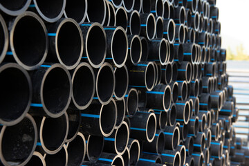 Obraz premium PE pipe plant, Industrial PE pipeline for gas and water. HDPE pipe, Polyethylene PE100 pipe. Polyethylene pipe plant