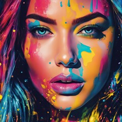 pop art illustration of rubber, a close-up of a woman's face with colorful paint