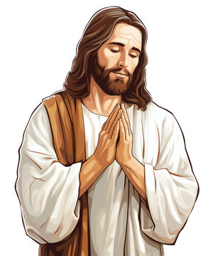 Bible Character Jesus Christ Praying, Isolated Cartoon Clipart Illustration