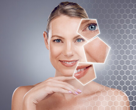 Woman, portrait and skin wellness with hologram in studio, cosmetic beauty or face by gray background. Model, holographic overlay or aesthetic for ai analysis in zoom of eye, mouth or plastic surgery