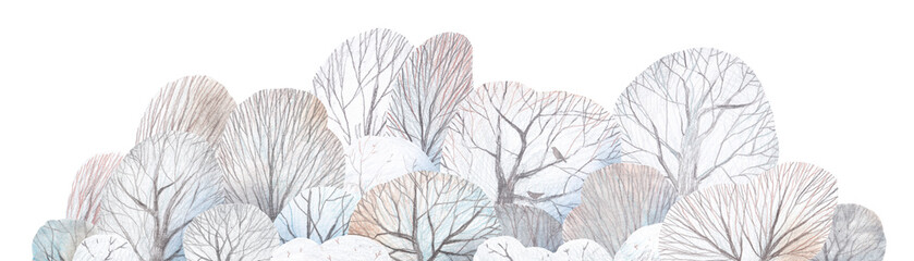 Winter landscape. Watercolor drawing with pencils. Winter forest. - obrazy, fototapety, plakaty