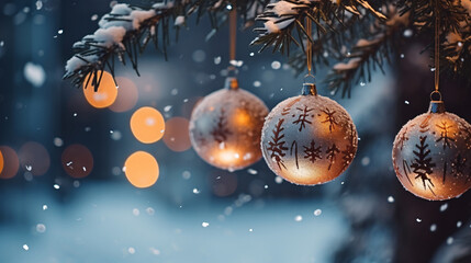 Closeup of Christmas bauble ball decoration on Christmas tree with golden bokeh festive lights background. Merry Christmas and Happy New Year greeting cards. Xmas night. Winter holiday.