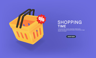 3D Yellow shopping cart with tag discount on purple background for Shoppig time promotion banner.