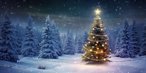 Winter glow. Illuminated christmas tree in snowy night. Festive forest. Glowing evening. Shining in landscape