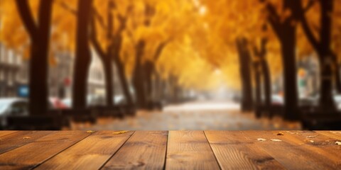 Naklejka na ściany i meble The empty wooden table top with blur background of European street in autumn. Exuberant image. generative AI