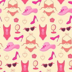 Pinkcore glamour seamless pattern. Pink pattern with cute vintage female accessories and clothes.