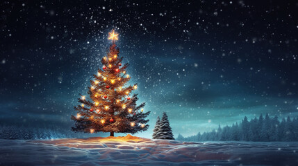 Sparkly Christmas Tree on Blue Starry Night Sky. Crated with Ai - obrazy, fototapety, plakaty