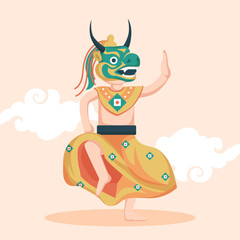Illustration of traditional Bhutanese dance using a dragon mask. Vector eps 10