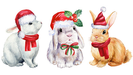 Cute bunny in red Santa hat, isolated white background, holiday watercolor illustration. Funny baby pet animal. 