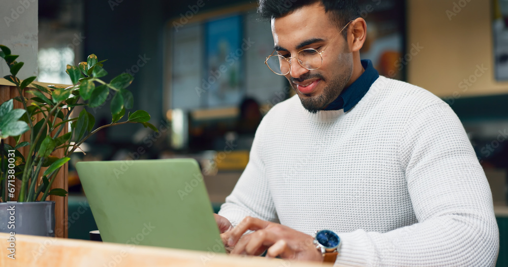 Poster Man, typing and laptop in cafe for remote work, research or networking for business with smile. Face, person and happiness with technology in coffee shop for copywriting, internet and freelancer
