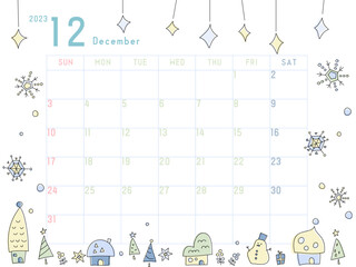 2023年12月のカレンダー　冬のまちなみ柄