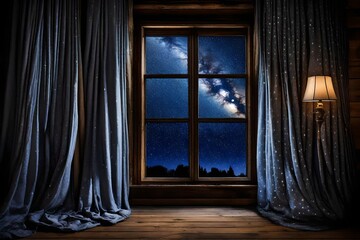 A window framed by curtains,  a starry night sky