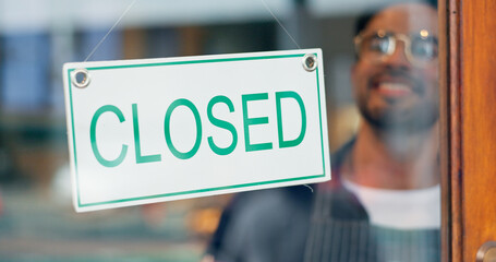 Happy man, small business or closed sign on window in coffee shop or restaurant for end of service....