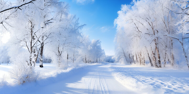 Tranquil winter forest snow covered tree , "Serene Snowy Forest Landscape"
